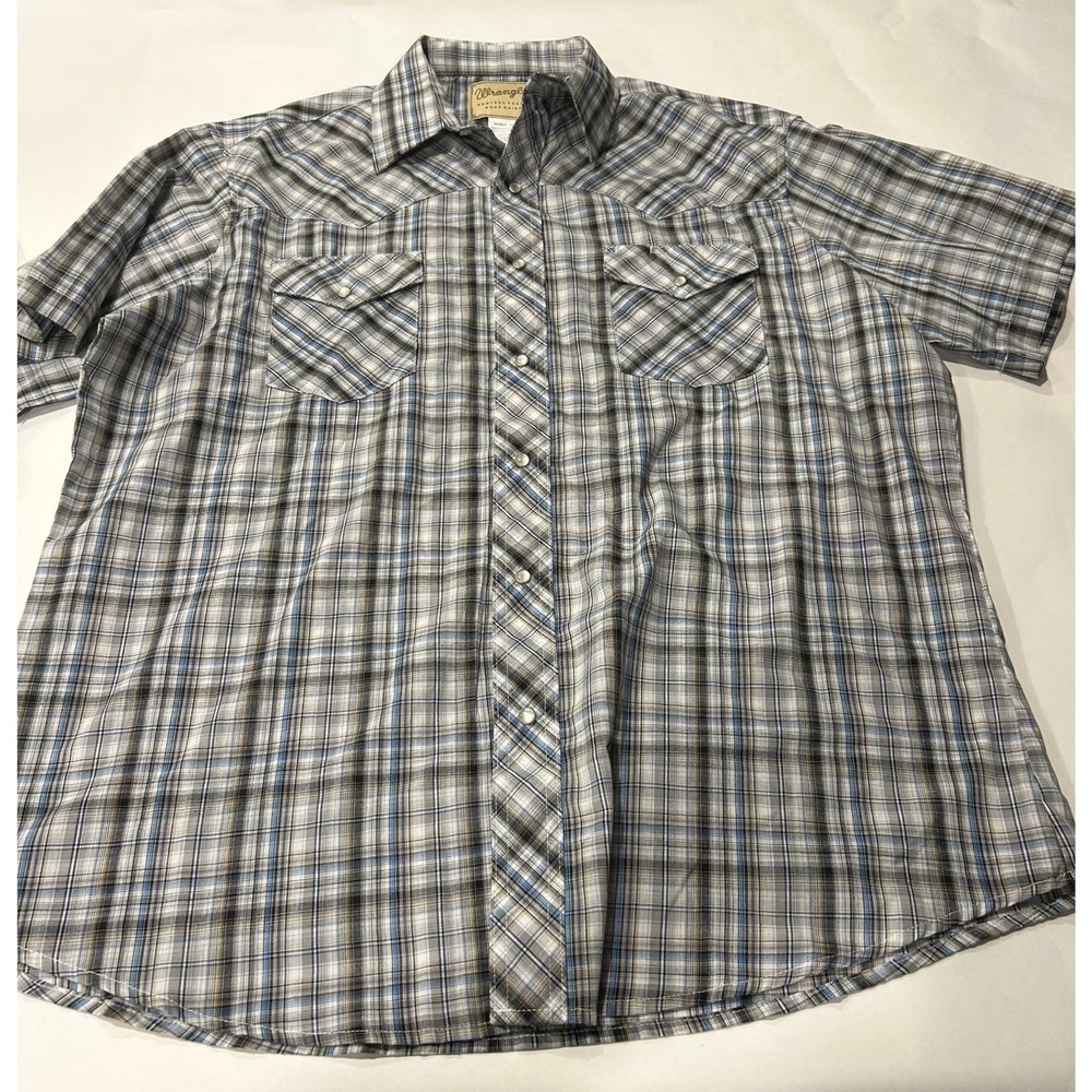 Wrangler Mens Western Cowboy Rancher Pearl Snap Shirt Plaid Short Sleeve XL